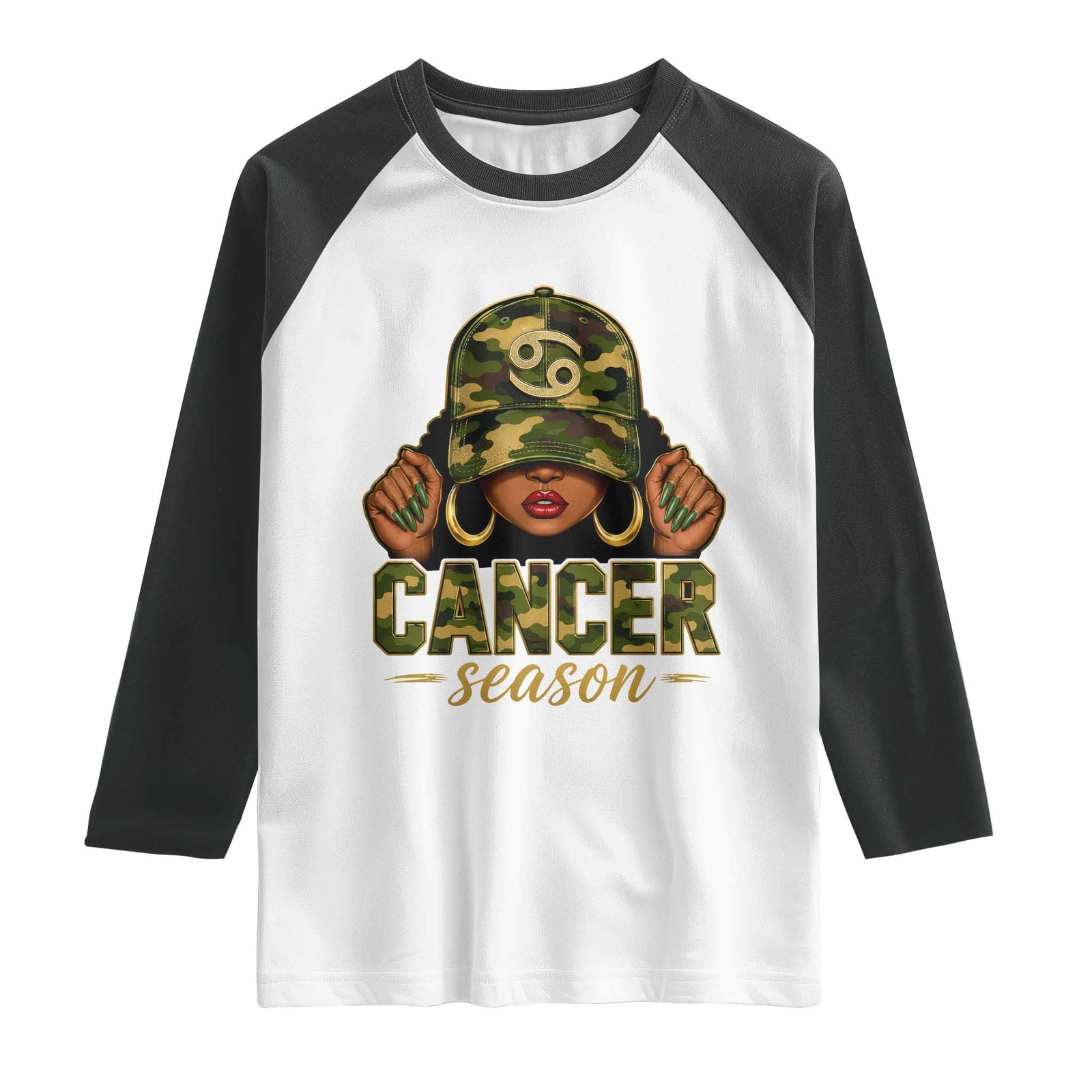 Zodiac Queen Cancer Season Retro Camo Camouflage Graphic Raglan Shirt June July Horoscope Birthday Gift Melanin Women TS02 White Black Print Your Wear