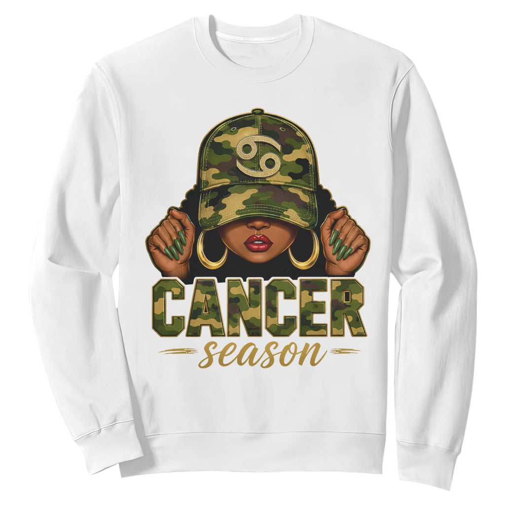 Zodiac Queen Cancer Season Retro Camo Camouflage Graphic Sweatshirt June July Horoscope Birthday Gift Melanin Women TS02 White Print Your Wear