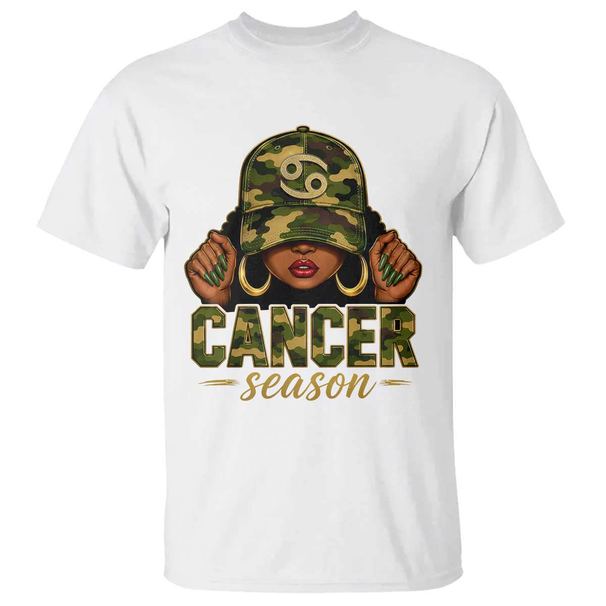 Zodiac Queen Cancer Season Retro Camo Camouflage Graphic T Shirt June July Horoscope Birthday Gift Melanin Women TS02 White Print Your Wear