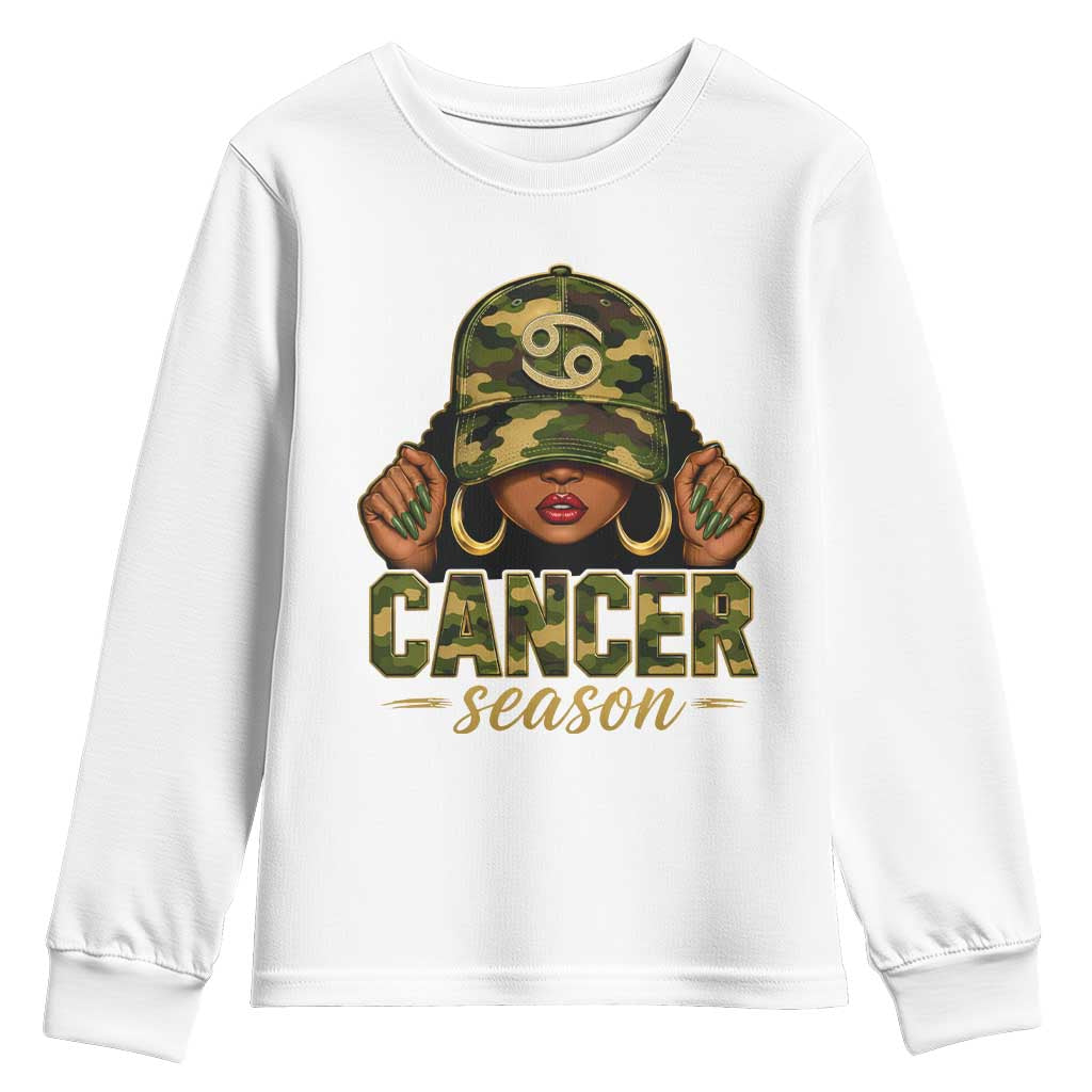 Zodiac Queen Cancer Season Retro Camo Camouflage Graphic Youth Sweatshirt June July Horoscope Birthday Gift Melanin Women TS02 White Print Your Wear