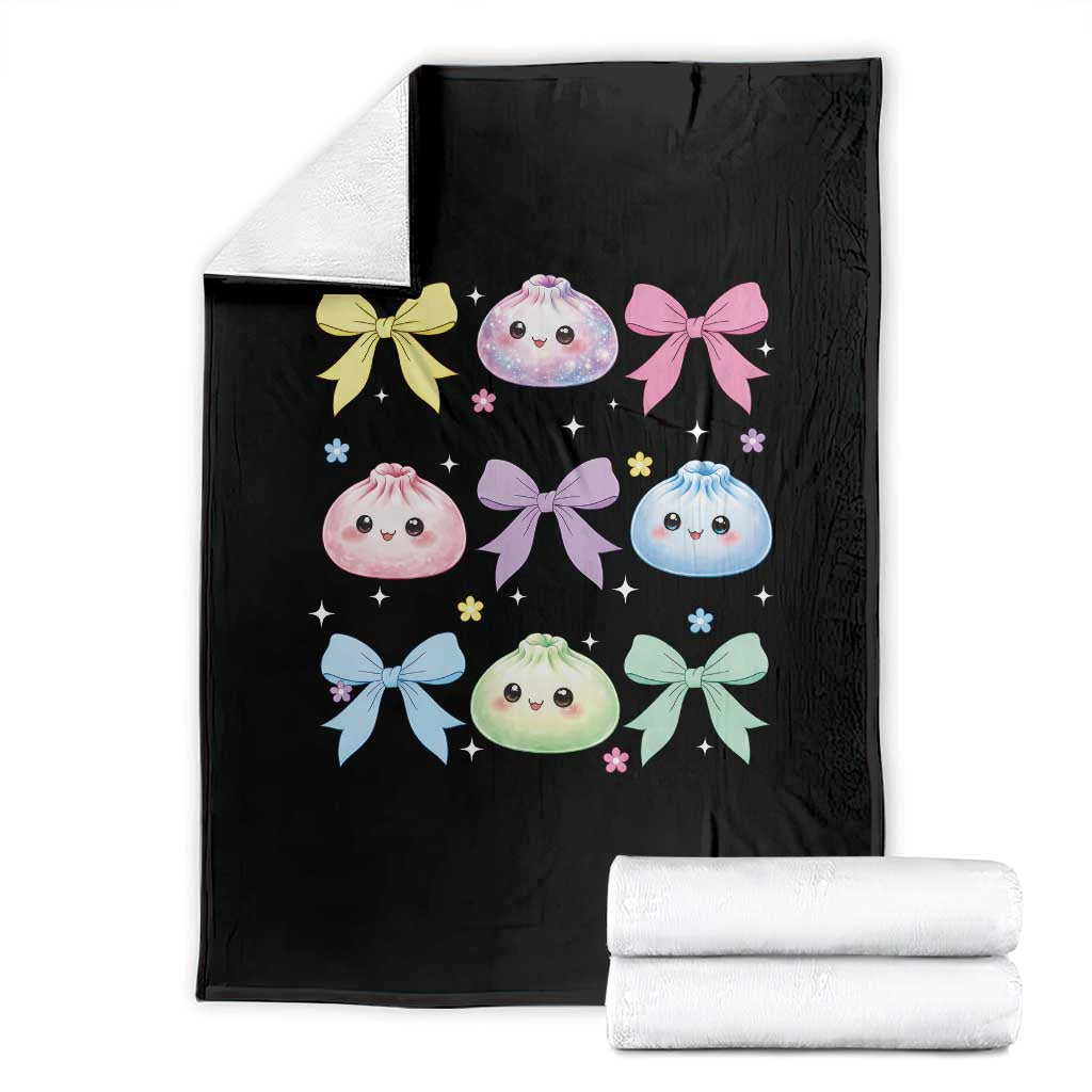 Kawaii Dumpling and Bows Aesthetic Graphic Throw Blanket Cute Pastel Bao Dim Sum Coquette Aesthetic TS02 Black Print Your Wear