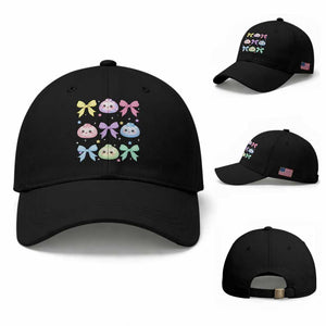 Kawaii Dumpling and Bows Aesthetic Graphic Baseball Cap Cute Pastel Bao Dim Sum Coquette Aesthetic TS02 Baseball Cap Universal Fit Black Print Your Wear
