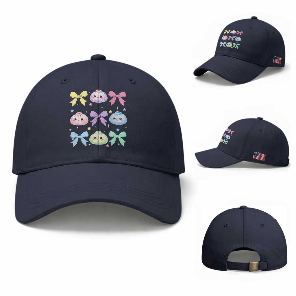 Kawaii Dumpling and Bows Aesthetic Graphic Baseball Cap Cute Pastel Bao Dim Sum Coquette Aesthetic TS02 Baseball Cap Universal Fit Navy Print Your Wear
