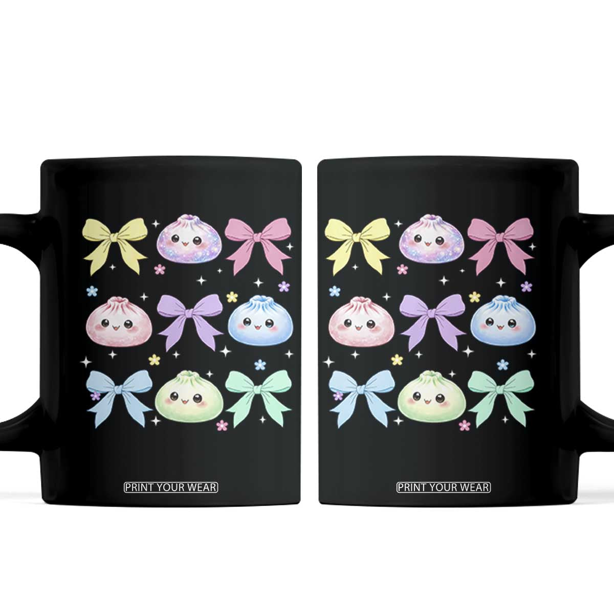 Kawaii Dumpling and Bows Aesthetic Graphic Coffee Mug Cute Pastel Bao Dim Sum Coquette Aesthetic TS02 Black Print Your Wear