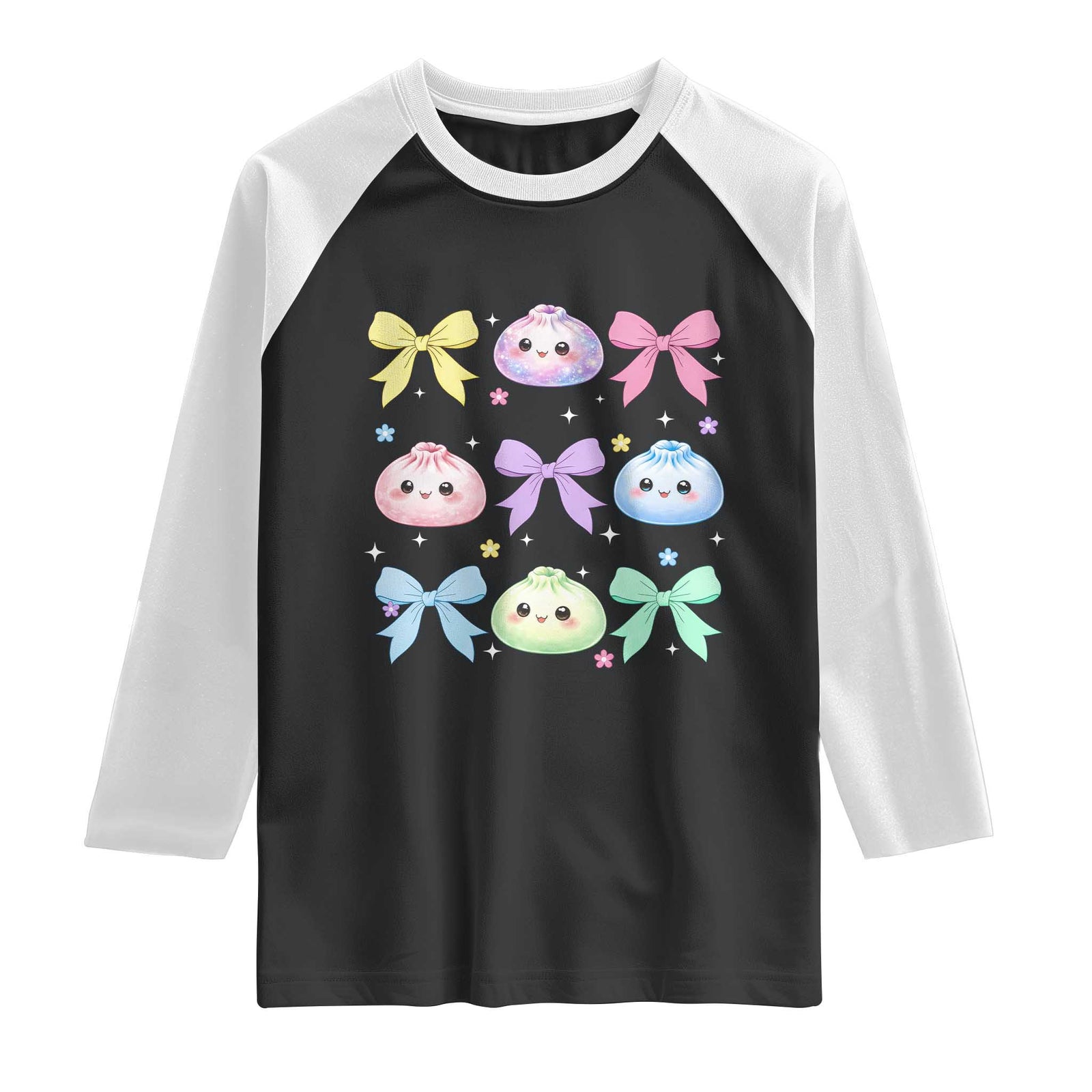 Kawaii Dumpling and Bows Aesthetic Graphic Raglan Shirt Cute Pastel Bao Dim Sum Coquette Aesthetic TS02 Black White Print Your Wear