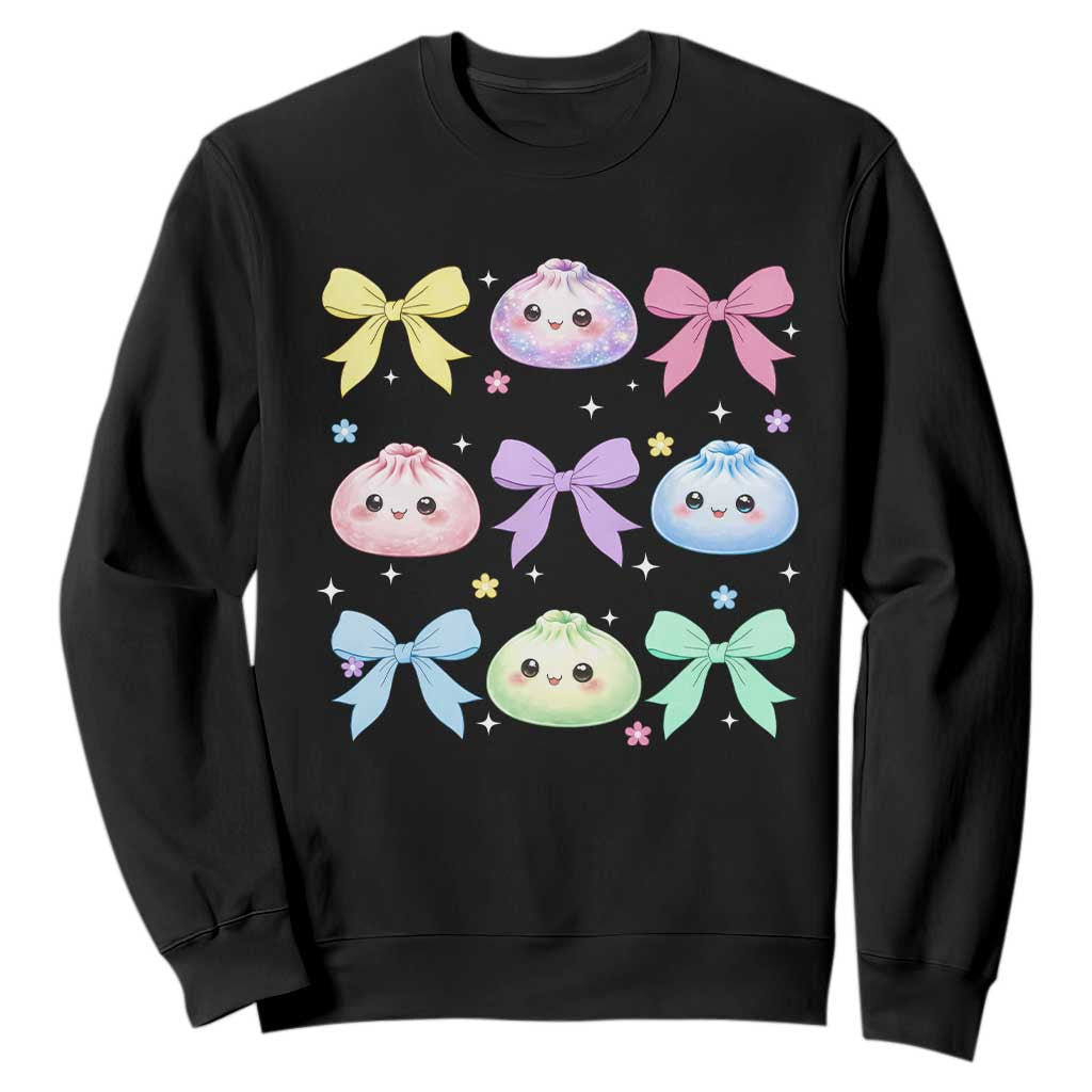 Kawaii Dumpling and Bows Aesthetic Graphic Sweatshirt Cute Pastel Bao Dim Sum Coquette Aesthetic TS02 Black Print Your Wear