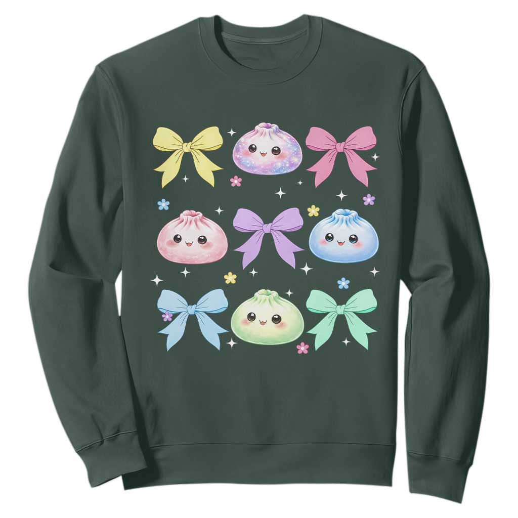 Kawaii Dumpling and Bows Aesthetic Graphic Sweatshirt Cute Pastel Bao Dim Sum Coquette Aesthetic TS02 Dark Forest Green Print Your Wear