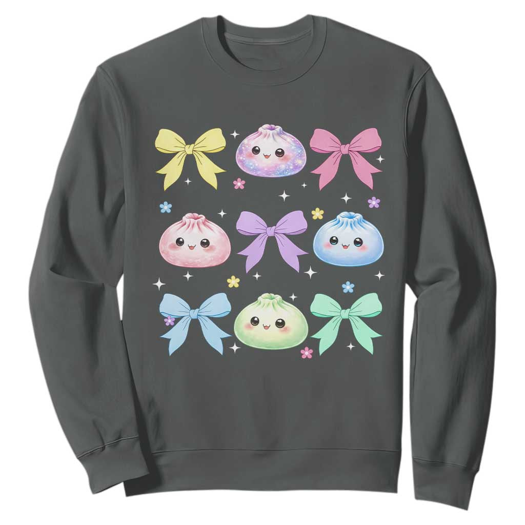 Kawaii Dumpling and Bows Aesthetic Graphic Sweatshirt Cute Pastel Bao Dim Sum Coquette Aesthetic TS02 Dark Heather Print Your Wear