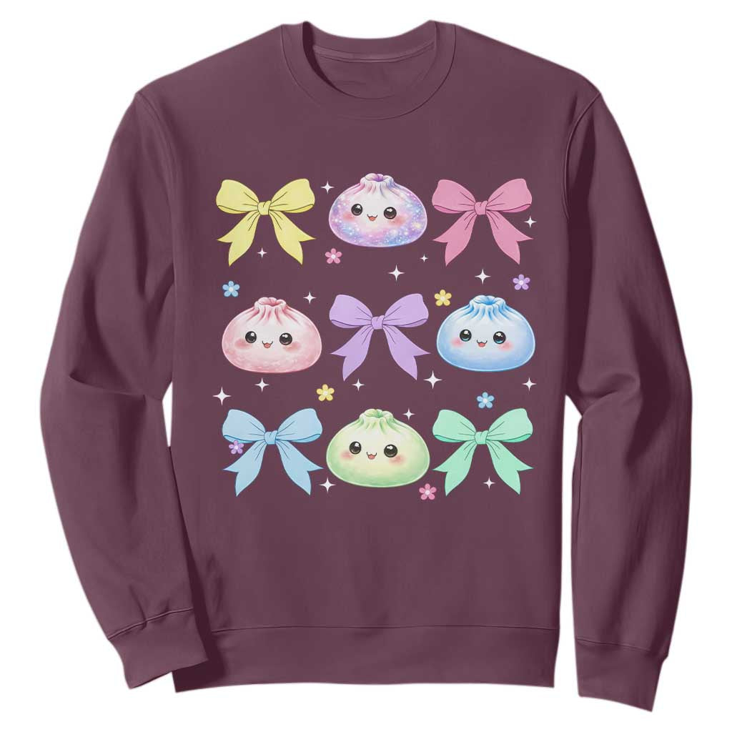 Kawaii Dumpling and Bows Aesthetic Graphic Sweatshirt Cute Pastel Bao Dim Sum Coquette Aesthetic TS02 Maroon Print Your Wear