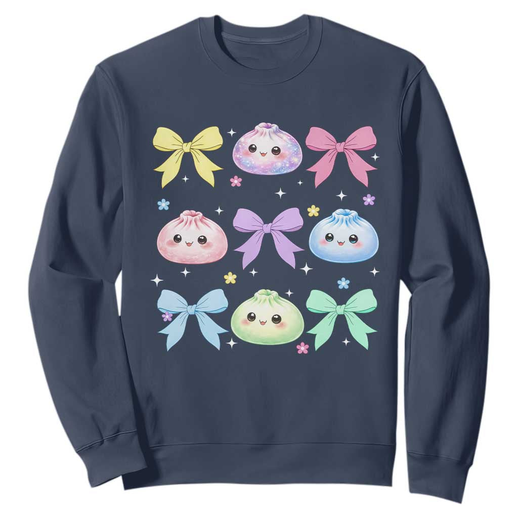 Kawaii Dumpling and Bows Aesthetic Graphic Sweatshirt Cute Pastel Bao Dim Sum Coquette Aesthetic TS02 Navy Print Your Wear