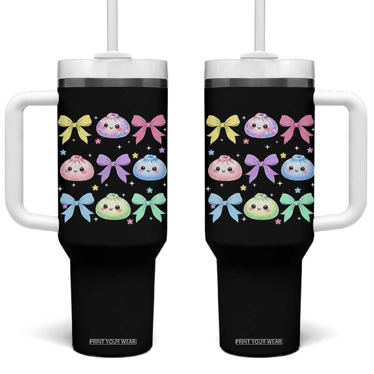Kawaii Dumpling and Bows Aesthetic Graphic Tumbler With Handle Cute Pastel Bao Dim Sum Coquette Aesthetic TS02 One Size: 40 oz Black Print Your Wear