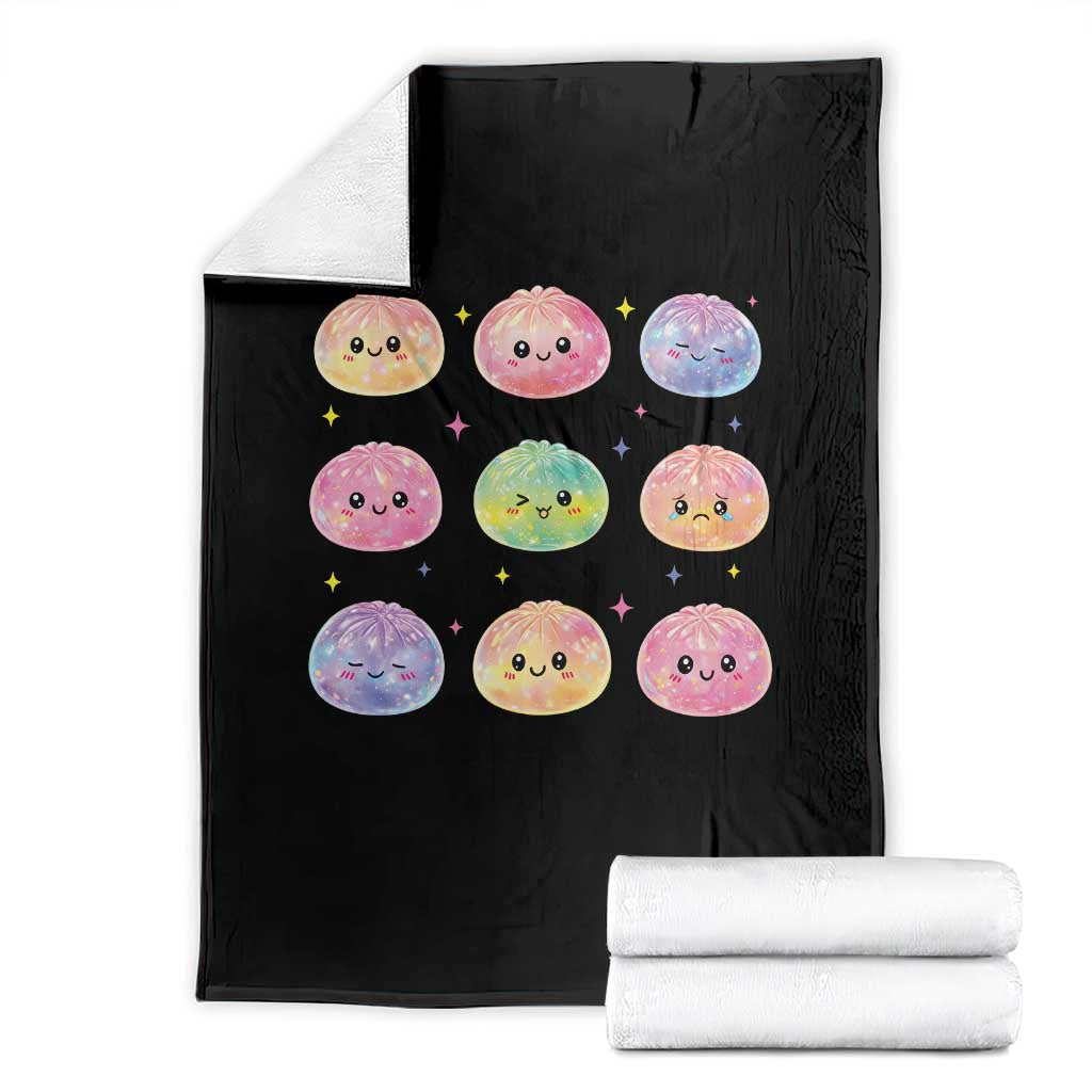 Kawaii Glitter Dumpling Face Grid Graphic Throw Blanket Cute Pastel Bao Emoji Expressions TS02 Black Print Your Wear