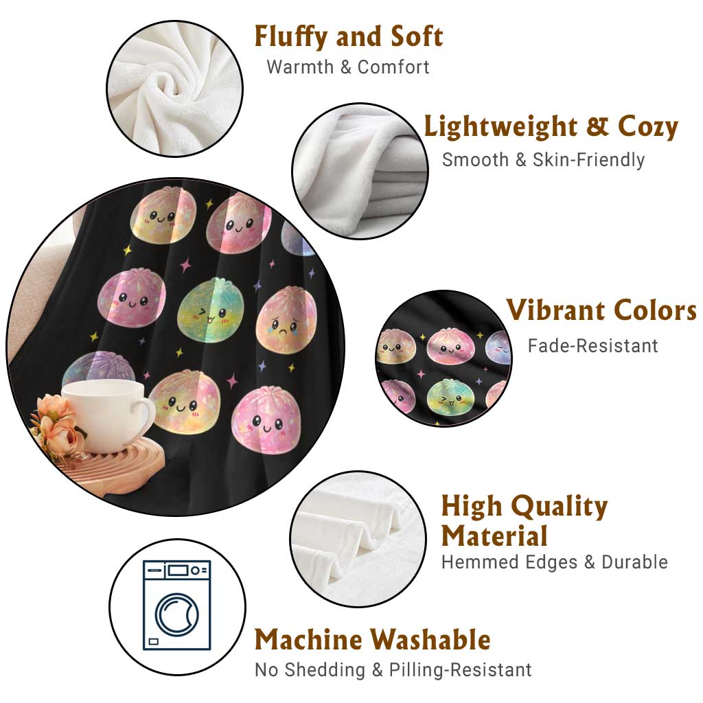 Kawaii Glitter Dumpling Face Grid Graphic Throw Blanket Cute Pastel Bao Emoji Expressions TS02 Print Your Wear