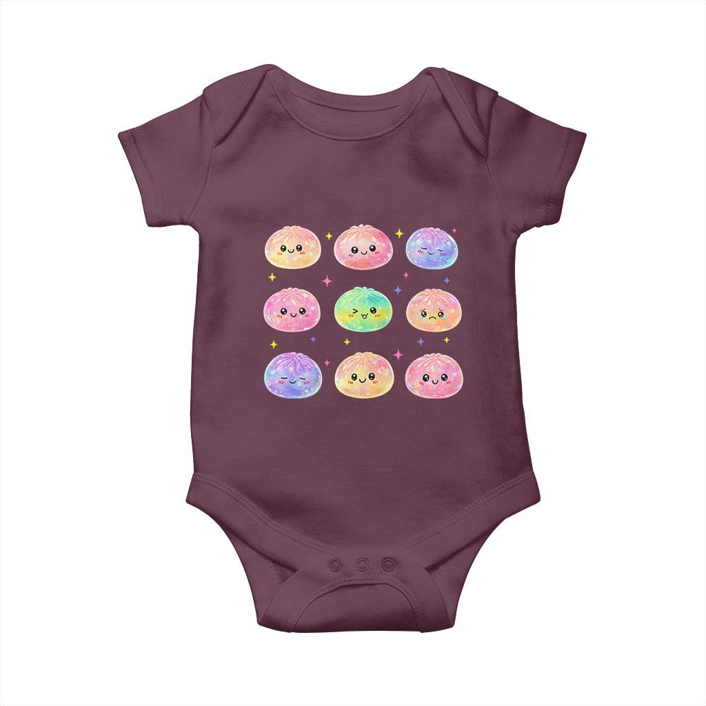 Kawaii Glitter Dumpling Face Grid Graphic Baby Onesie Cute Pastel Bao Emoji Expressions TS02 Maroon Print Your Wear