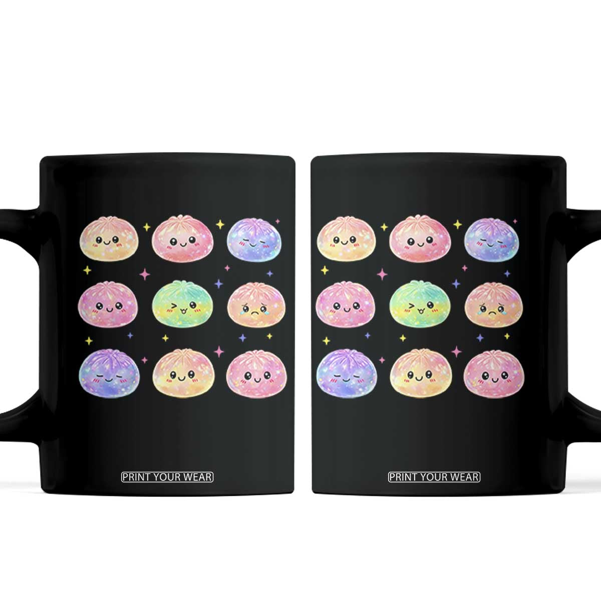 Kawaii Glitter Dumpling Face Grid Graphic Coffee Mug Cute Pastel Bao Emoji Expressions TS02 Black Print Your Wear