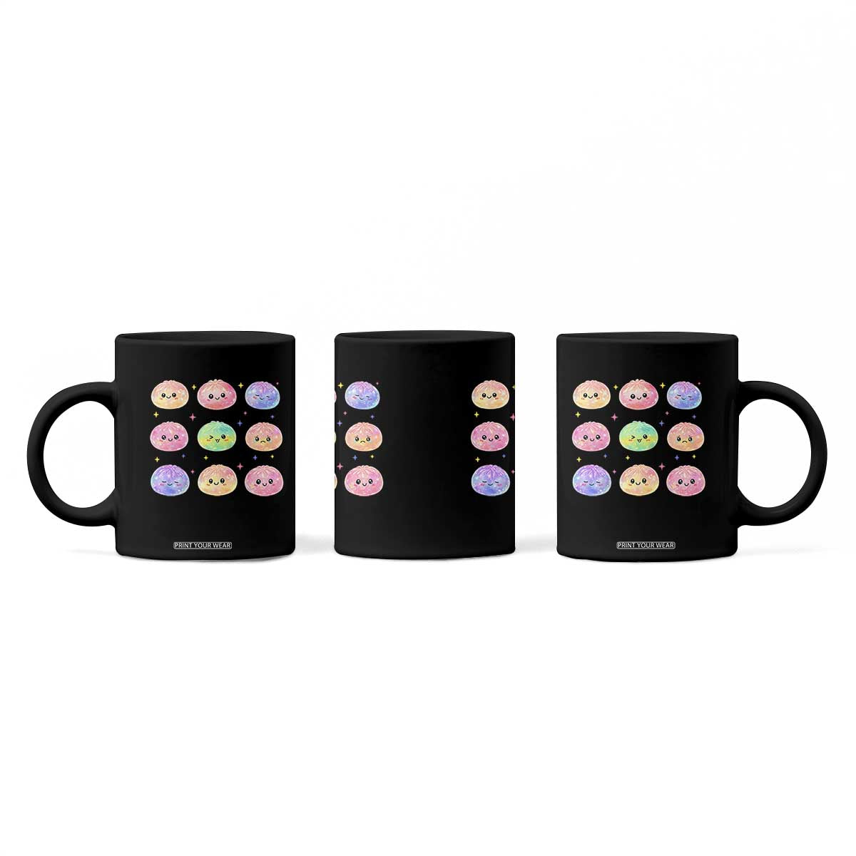 Kawaii Glitter Dumpling Face Grid Graphic Coffee Mug Cute Pastel Bao Emoji Expressions TS02 Print Your Wear