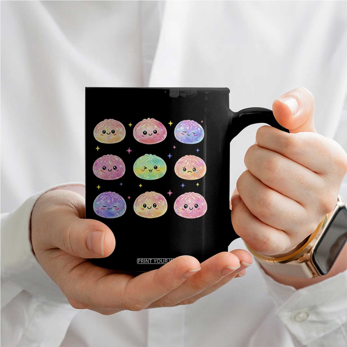 Kawaii Glitter Dumpling Face Grid Graphic Coffee Mug Cute Pastel Bao Emoji Expressions TS02 Print Your Wear
