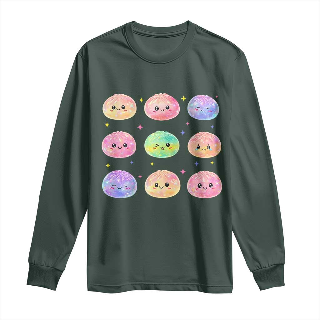 Kawaii Glitter Dumpling Face Grid Graphic Long Sleeve Shirt Cute Pastel Bao Emoji Expressions TS02 Dark Forest Green Print Your Wear