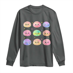 Kawaii Glitter Dumpling Face Grid Graphic Long Sleeve Shirt Cute Pastel Bao Emoji Expressions TS02 Dark Heather Print Your Wear