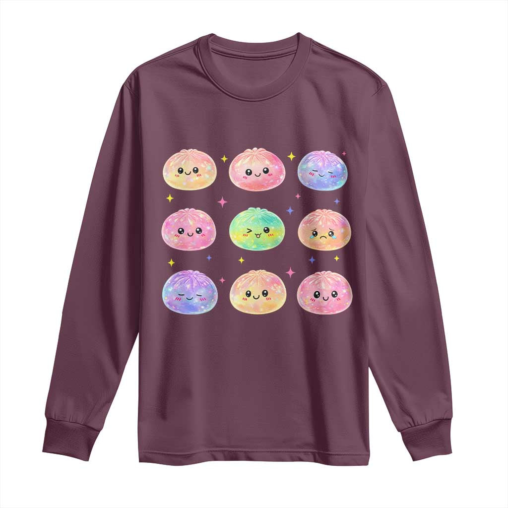 Kawaii Glitter Dumpling Face Grid Graphic Long Sleeve Shirt Cute Pastel Bao Emoji Expressions TS02 Maroon Print Your Wear