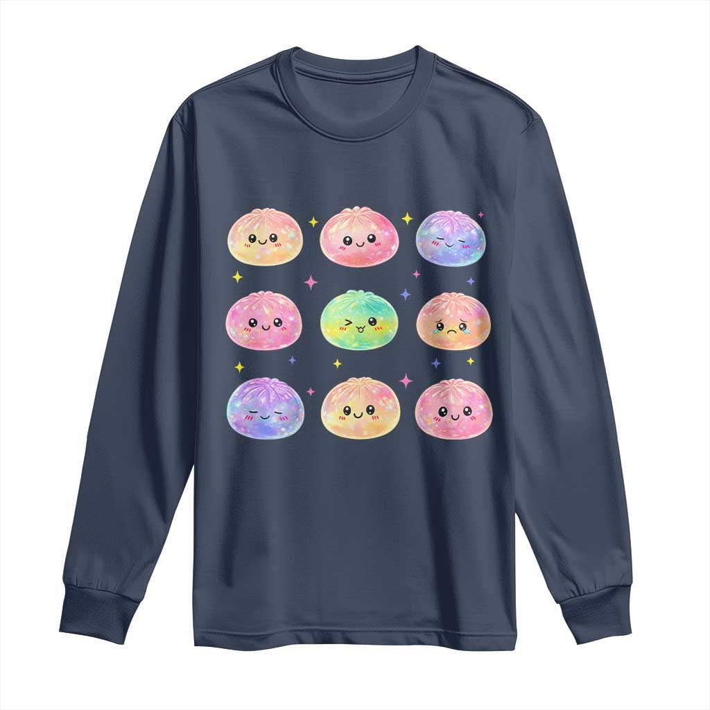 Kawaii Glitter Dumpling Face Grid Graphic Long Sleeve Shirt Cute Pastel Bao Emoji Expressions TS02 Navy Print Your Wear