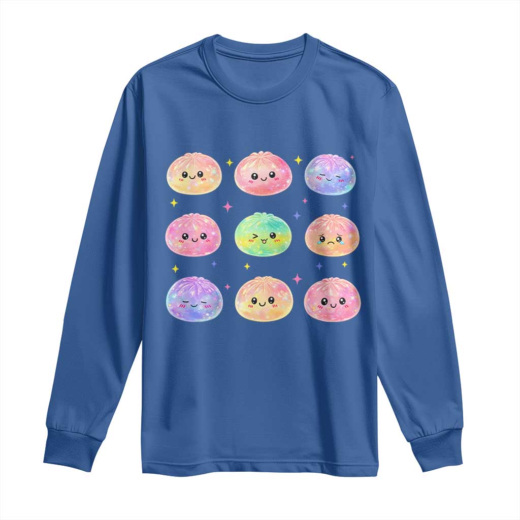 Kawaii Glitter Dumpling Face Grid Graphic Long Sleeve Shirt Cute Pastel Bao Emoji Expressions TS02 Royal Blue Print Your Wear