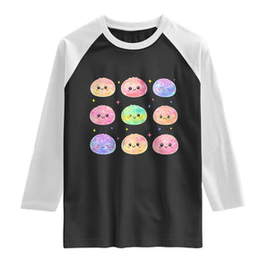Kawaii Glitter Dumpling Face Grid Graphic Raglan Shirt Cute Pastel Bao Emoji Expressions TS02 Black White Print Your Wear