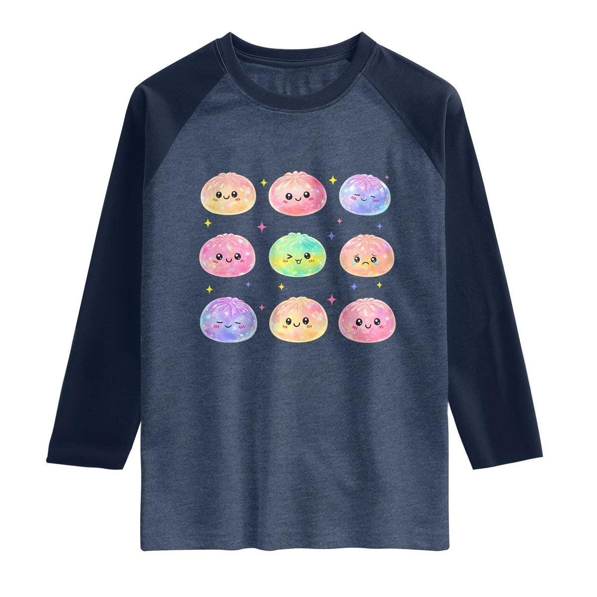 Kawaii Glitter Dumpling Face Grid Graphic Raglan Shirt Cute Pastel Bao Emoji Expressions TS02 Heather Denim Navy Print Your Wear