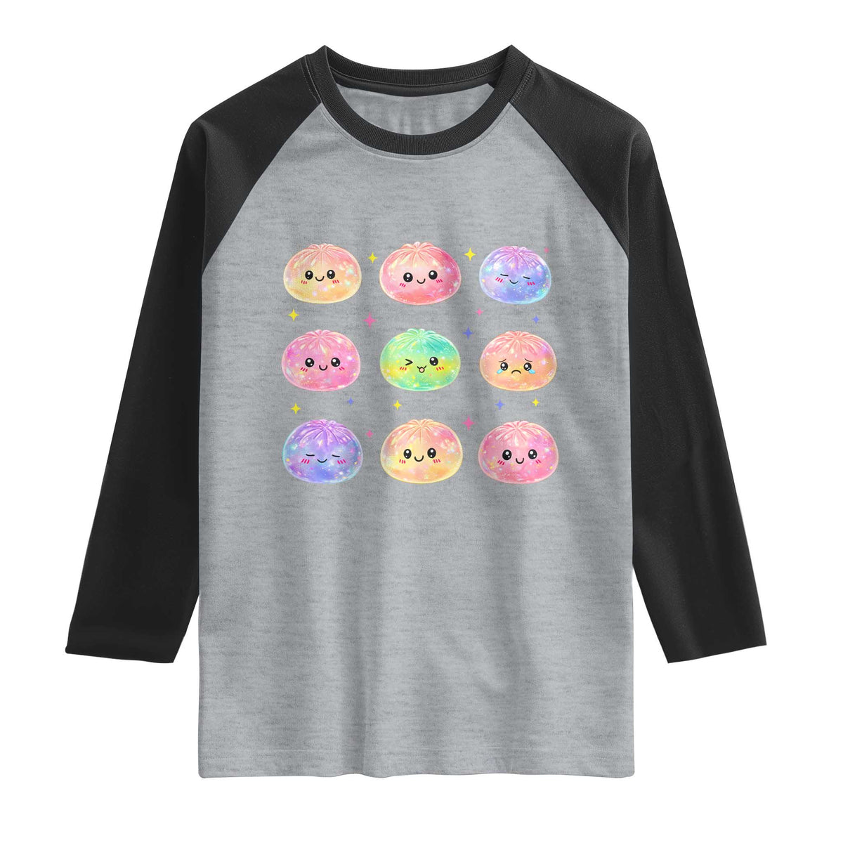 Kawaii Glitter Dumpling Face Grid Graphic Raglan Shirt Cute Pastel Bao Emoji Expressions TS02 Heather Gray Black Print Your Wear