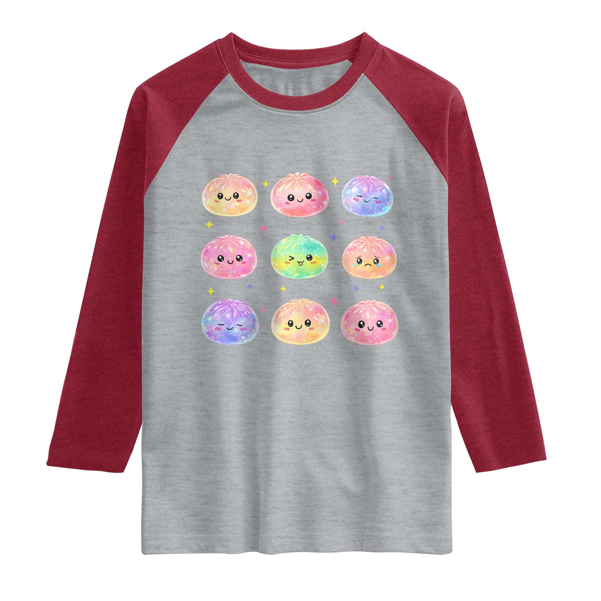 Kawaii Glitter Dumpling Face Grid Graphic Raglan Shirt Cute Pastel Bao Emoji Expressions TS02 Heather Gray Heather Red Print Your Wear