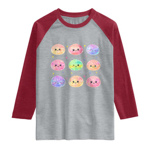 Kawaii Glitter Dumpling Face Grid Graphic Raglan Shirt Cute Pastel Bao Emoji Expressions TS02 Heather Gray Heather Red Print Your Wear
