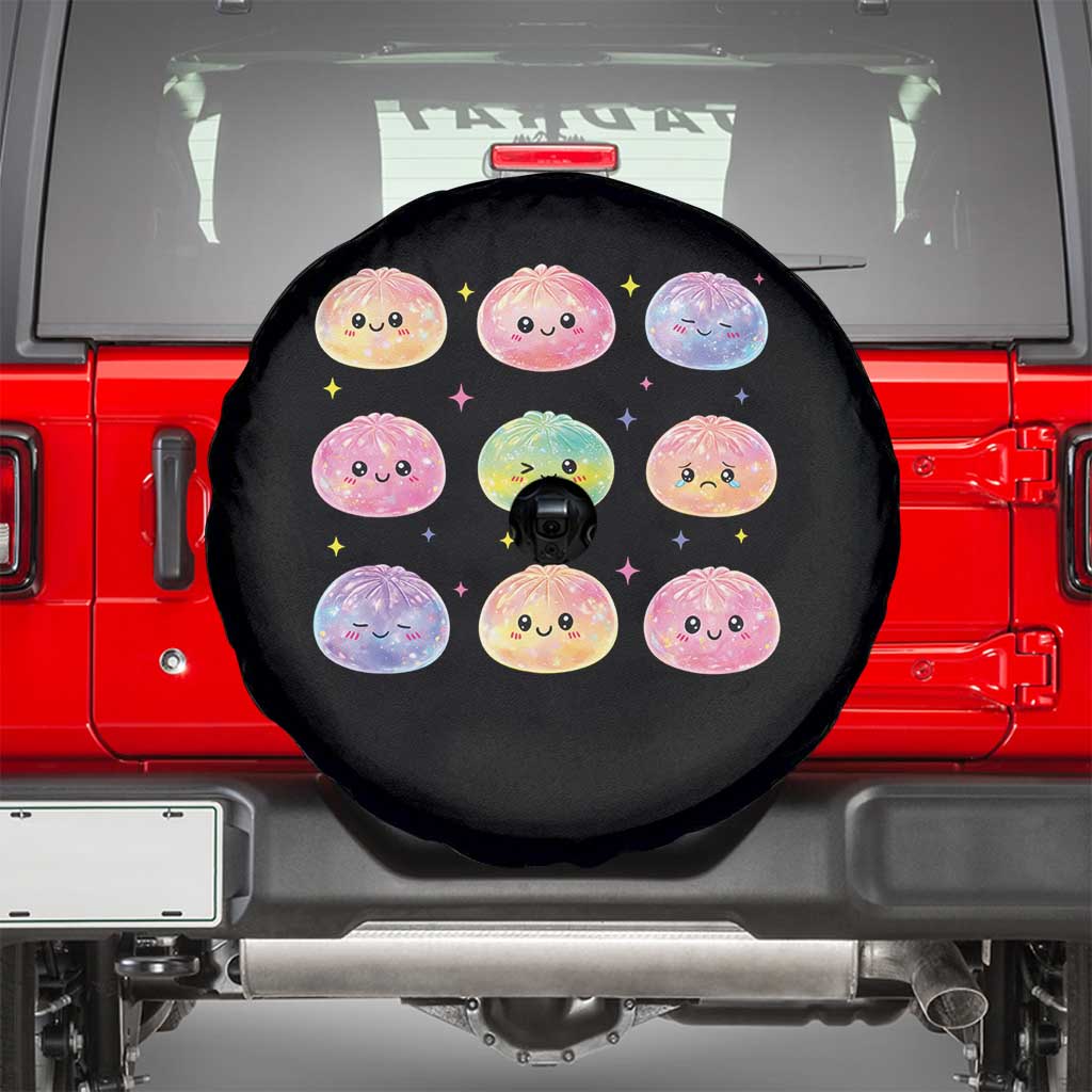Kawaii Glitter Dumpling Face Grid Graphic Spare Tire Cover Cute Pastel Bao Emoji Expressions TS02 Black Print Your Wear