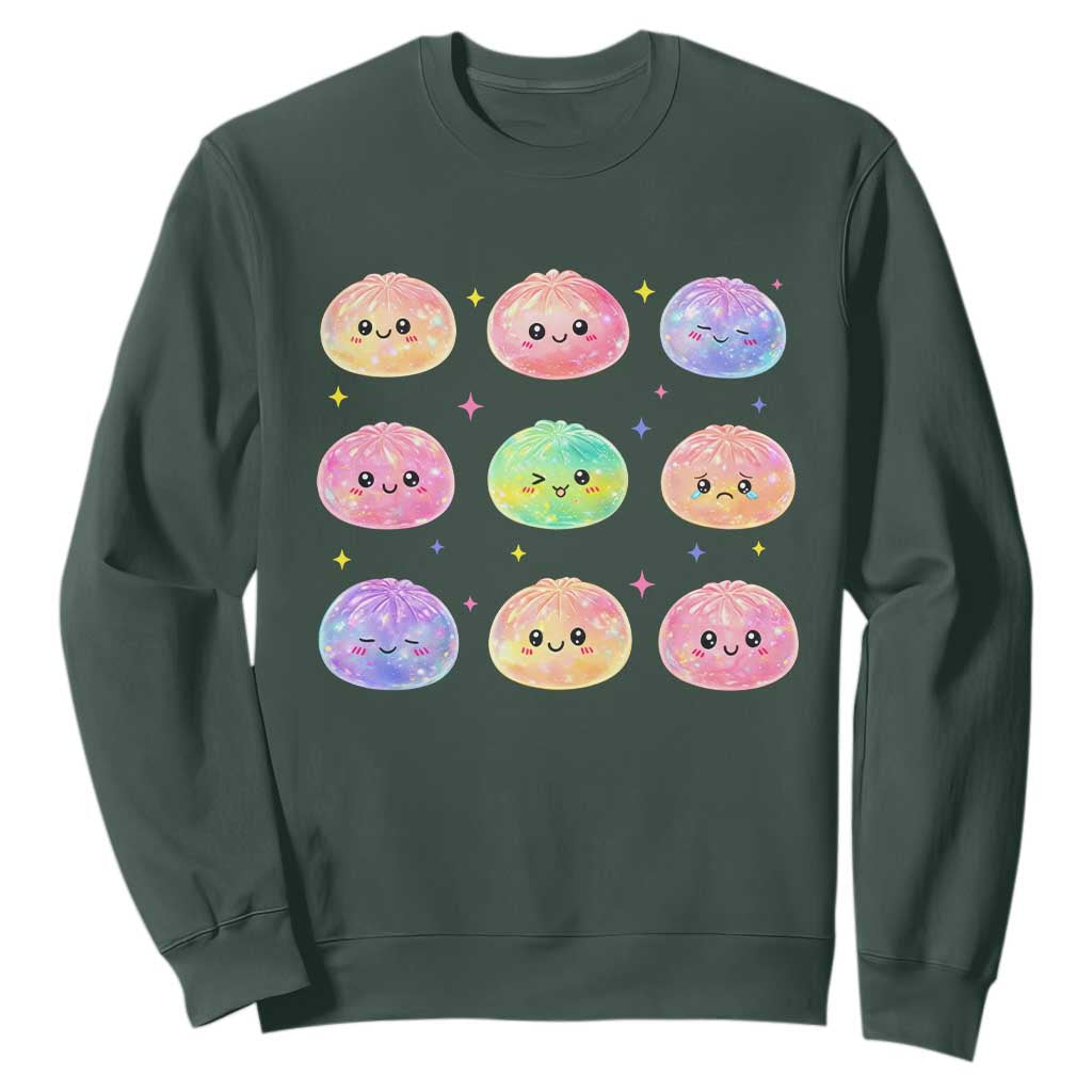 Kawaii Glitter Dumpling Face Grid Graphic Sweatshirt Cute Pastel Bao Emoji Expressions TS02 Dark Forest Green Print Your Wear