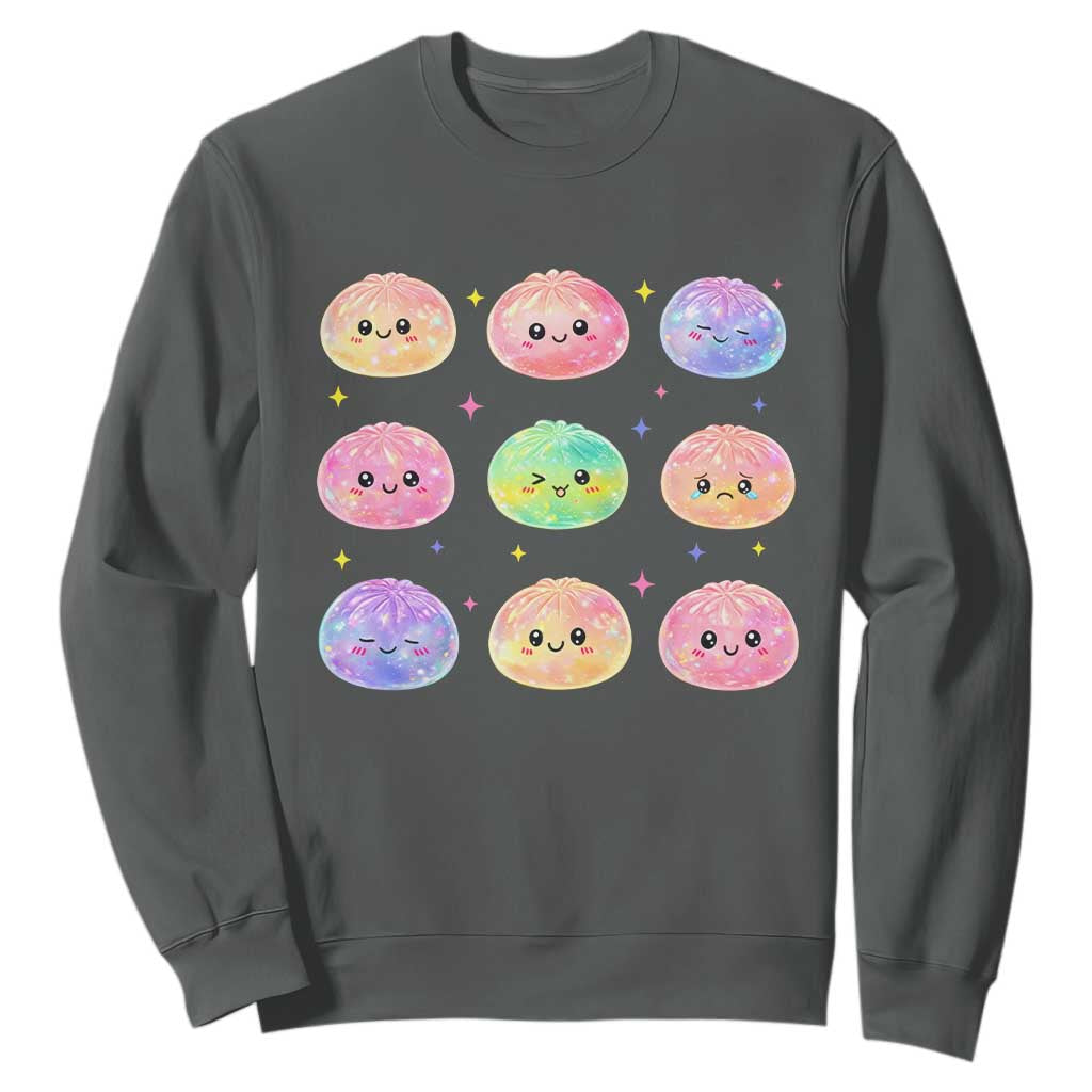 Kawaii Glitter Dumpling Face Grid Graphic Sweatshirt Cute Pastel Bao Emoji Expressions TS02 Dark Heather Print Your Wear