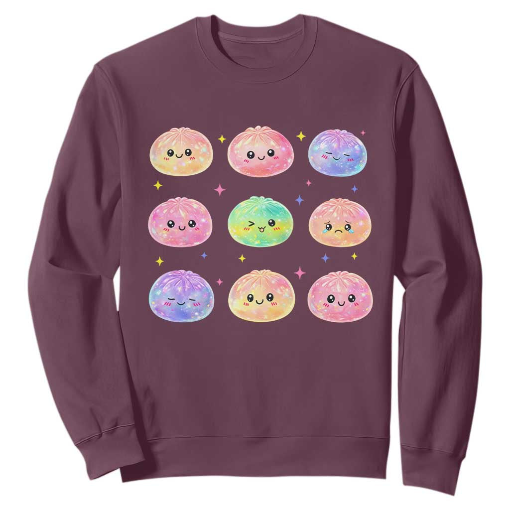 Kawaii Glitter Dumpling Face Grid Graphic Sweatshirt Cute Pastel Bao Emoji Expressions TS02 Maroon Print Your Wear