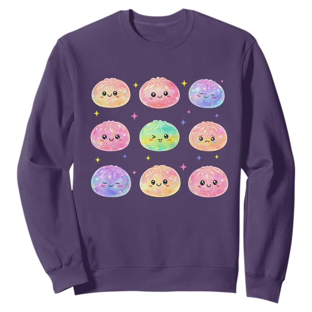 Kawaii Glitter Dumpling Face Grid Graphic Sweatshirt Cute Pastel Bao Emoji Expressions TS02 Purple Print Your Wear