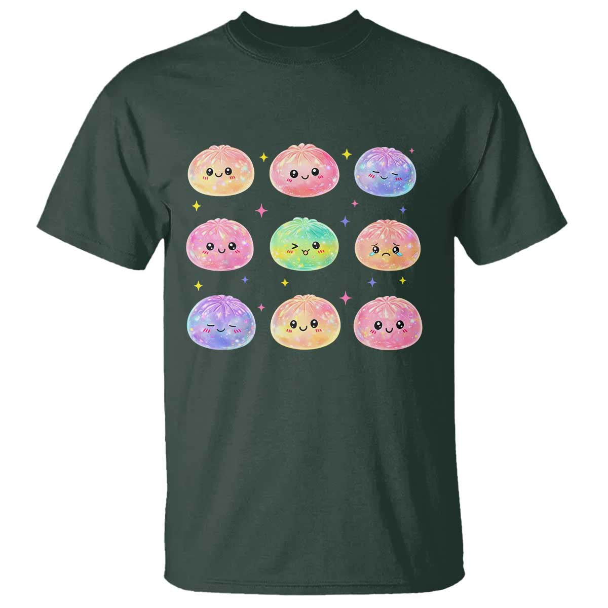 Kawaii Glitter Dumpling Face Grid Graphic T Shirt Cute Pastel Bao Emoji Expressions TS02 Dark Forest Green Print Your Wear