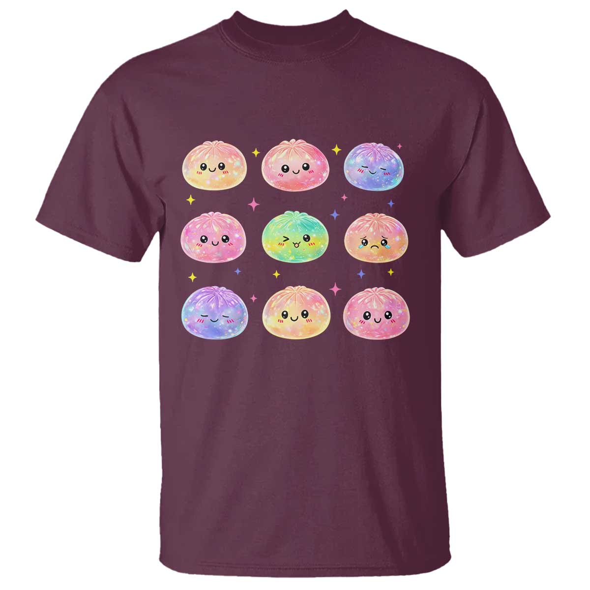 Kawaii Glitter Dumpling Face Grid Graphic T Shirt Cute Pastel Bao Emoji Expressions TS02 Maroon Print Your Wear