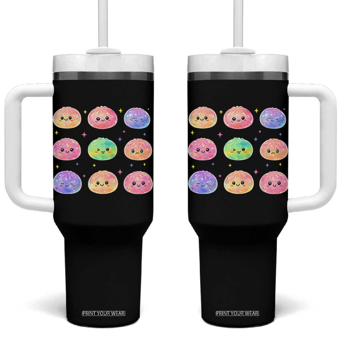Kawaii Glitter Dumpling Face Grid Graphic Tumbler With Handle Cute Pastel Bao Emoji Expressions TS02 One Size: 40 oz Black Print Your Wear