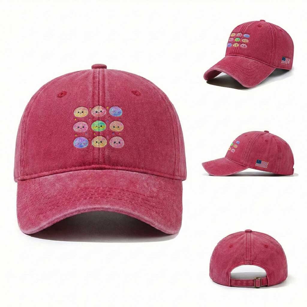 Kawaii Glitter Dumpling Face Grid Graphic Washed Cotton Baseball Cap Cute Pastel Bao Emoji Expressions TS02 Washed Cap Universal Fit Red Print Your Wear