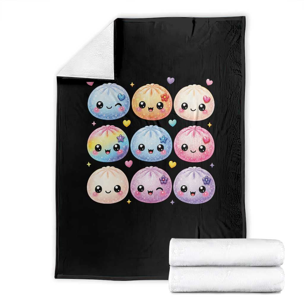 Kawaii Glitter Dumpling Bao Dim Sum Graphic Throw Blanket Cute Pastel Foodie Squishy Hearts and Flowers TS02 Black Print Your Wear