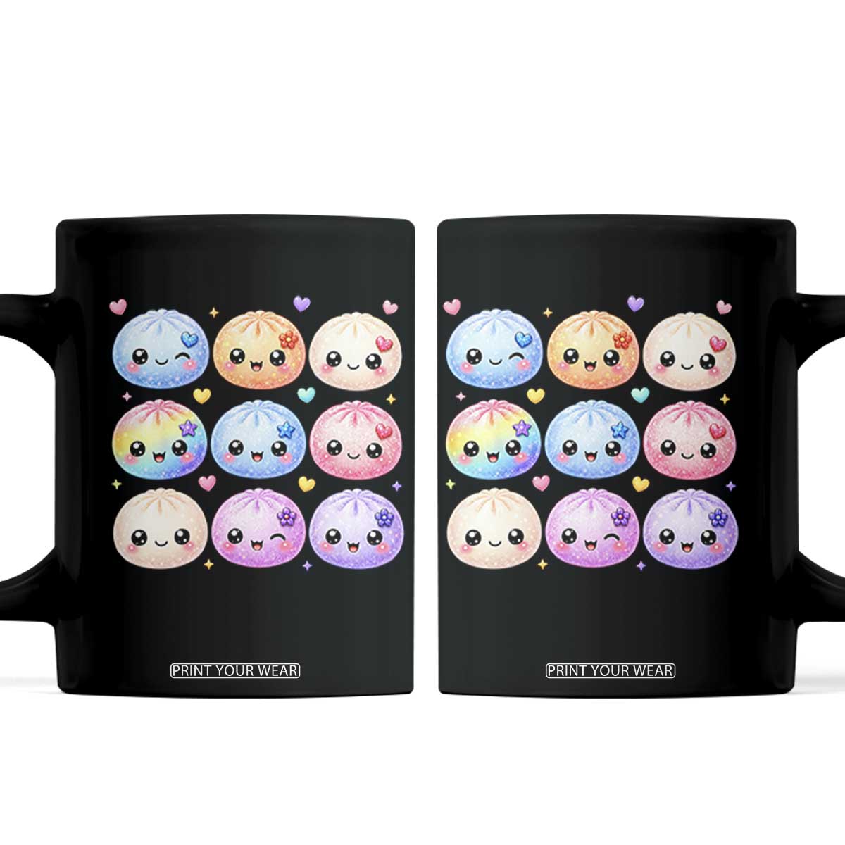 Kawaii Glitter Dumpling Bao Dim Sum Graphic Coffee Mug Cute Pastel Foodie Squishy Hearts and Flowers TS02 Black Print Your Wear