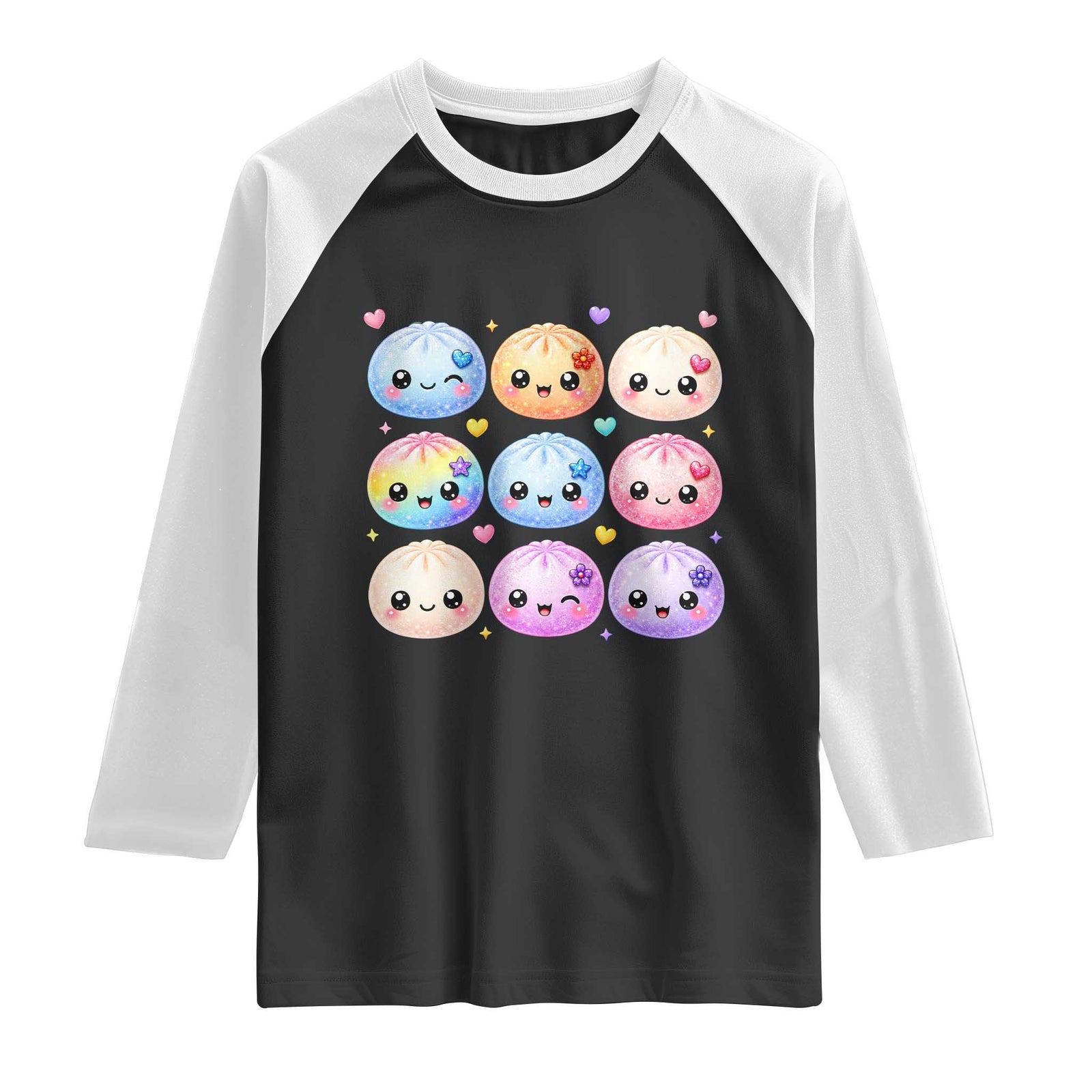 Kawaii Glitter Dumpling Bao Dim Sum Graphic Raglan Shirt Cute Pastel Foodie Squishy Hearts and Flowers TS02 Black White Print Your Wear