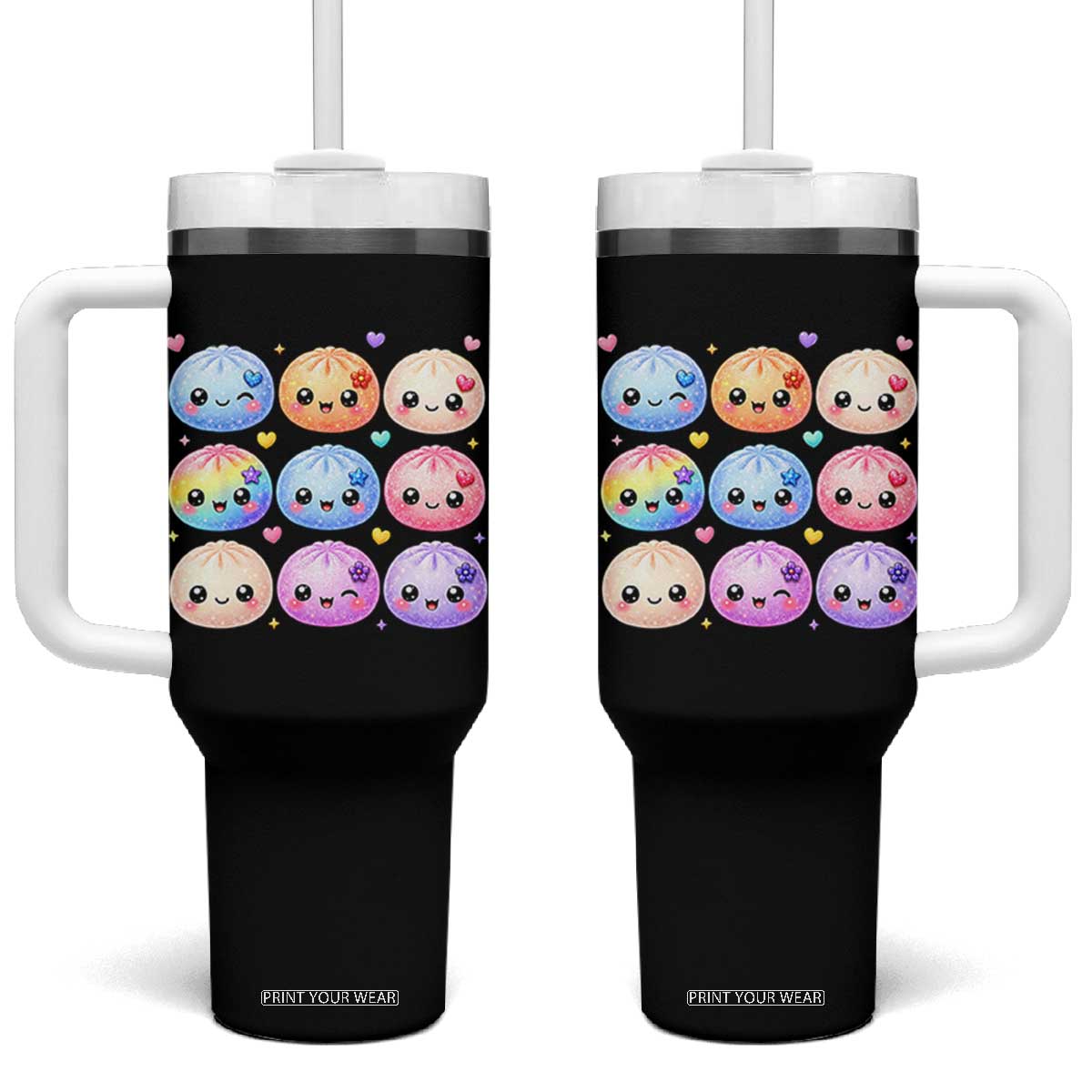 Kawaii Glitter Dumpling Bao Dim Sum Graphic Tumbler With Handle Cute Pastel Foodie Squishy Hearts and Flowers TS02 One Size: 40 oz Black Print Your Wear