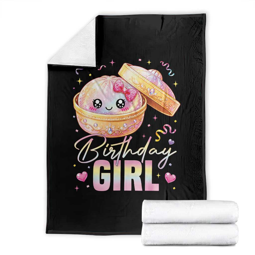 Kawaii Birthday Girl Glitter Dumpling Graphic Throw Blanket Cute Pink Bow Dim Sum Party Gift TS02 Black Print Your Wear