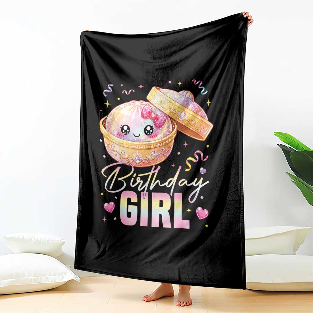 Kawaii Birthday Girl Glitter Dumpling Graphic Throw Blanket Cute Pink Bow Dim Sum Party Gift TS02 Print Your Wear