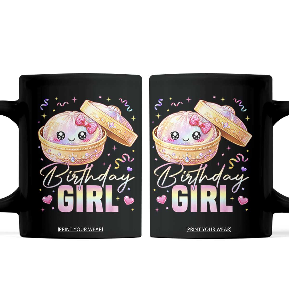 Kawaii Birthday Girl Glitter Dumpling Graphic Coffee Mug Cute Pink Bow Dim Sum Party Gift TS02 Black Print Your Wear