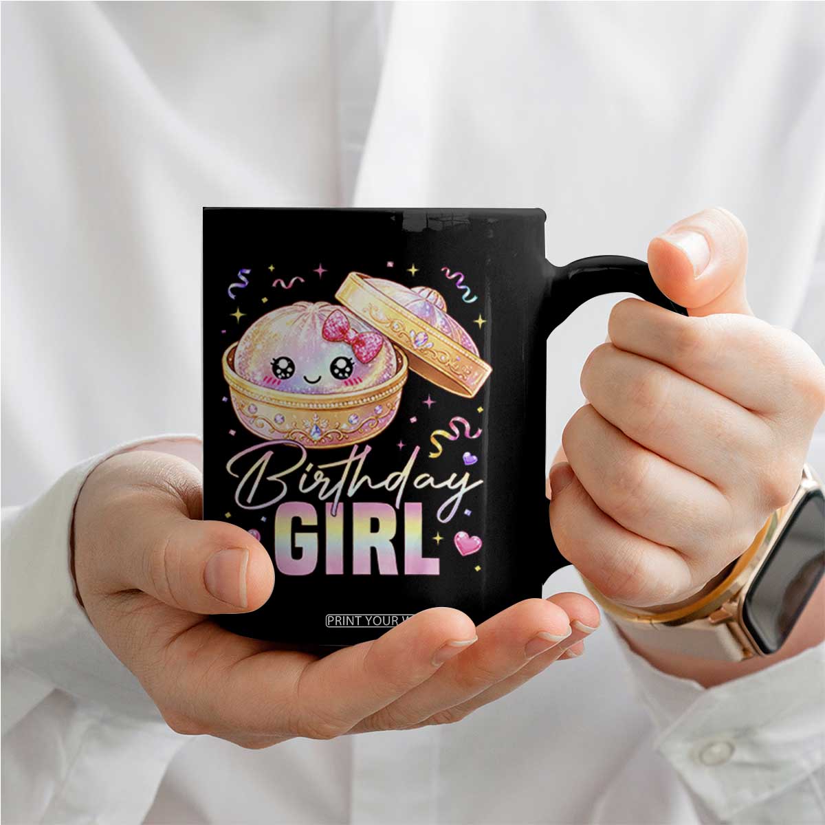 Kawaii Birthday Girl Glitter Dumpling Graphic Coffee Mug Cute Pink Bow Dim Sum Party Gift TS02 Print Your Wear