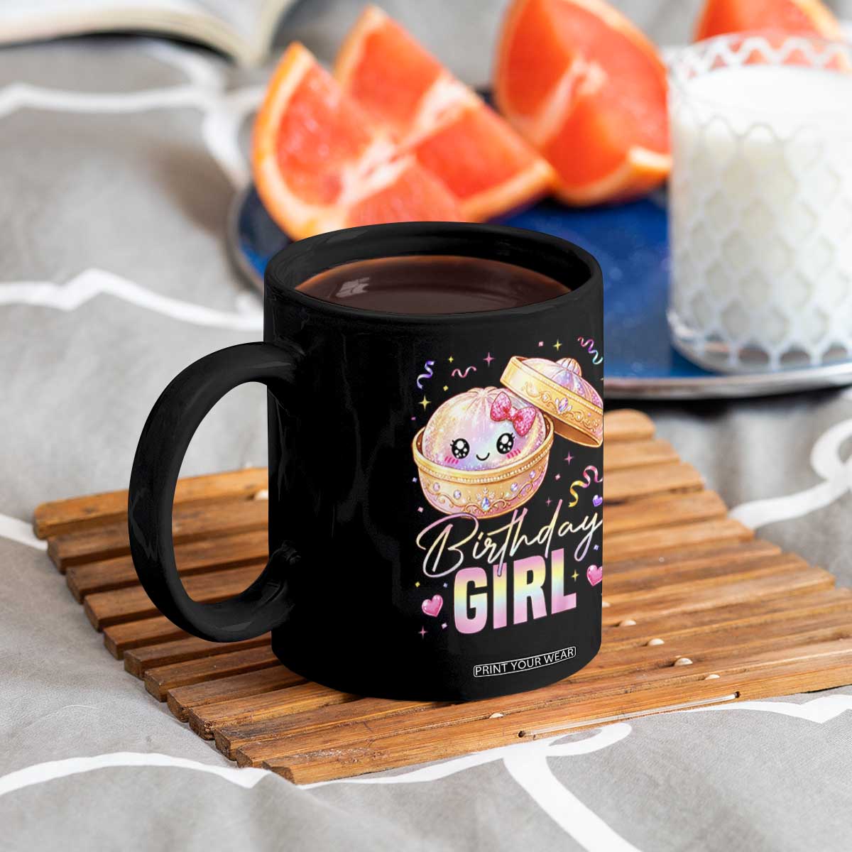 Kawaii Birthday Girl Glitter Dumpling Graphic Coffee Mug Cute Pink Bow Dim Sum Party Gift TS02 Print Your Wear
