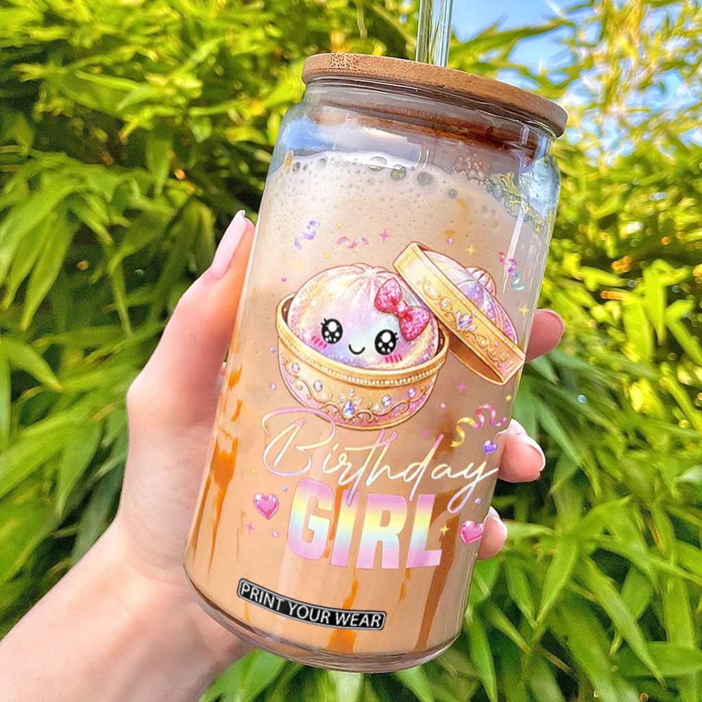 Kawaii Birthday Girl Glitter Dumpling Graphic Glass Can Cute Pink Bow Dim Sum Party Gift TS02 Black Print Your Wear